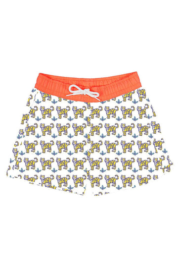 Short ; short de maillot de bain homme ; maillot de bain homme ; orange fluo ; été ; plage ; motif Sunny Tiger ; tigre